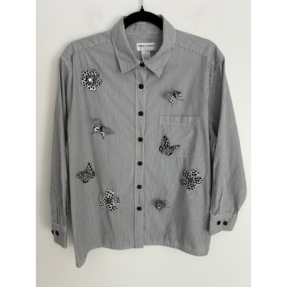 Whimsical Western Striped Button Down Shirt 3D Butterfly Floral Applique PL